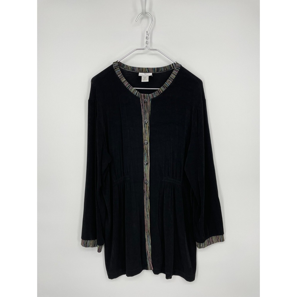 The Travel Collection Jacket Plus 1X Black Slinky Colorful Trim Button Up Blouse
